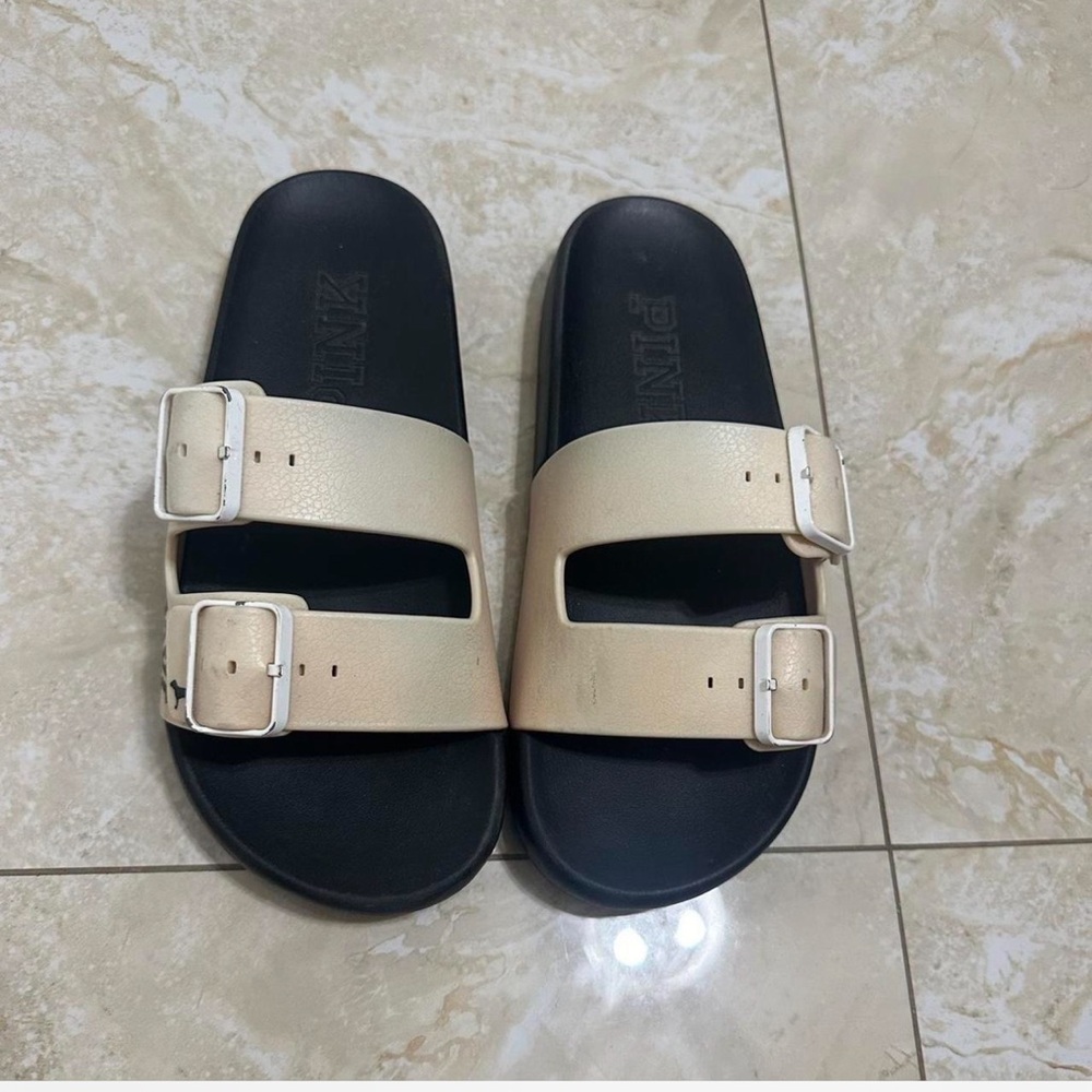 Black and Cream Slide Sandals